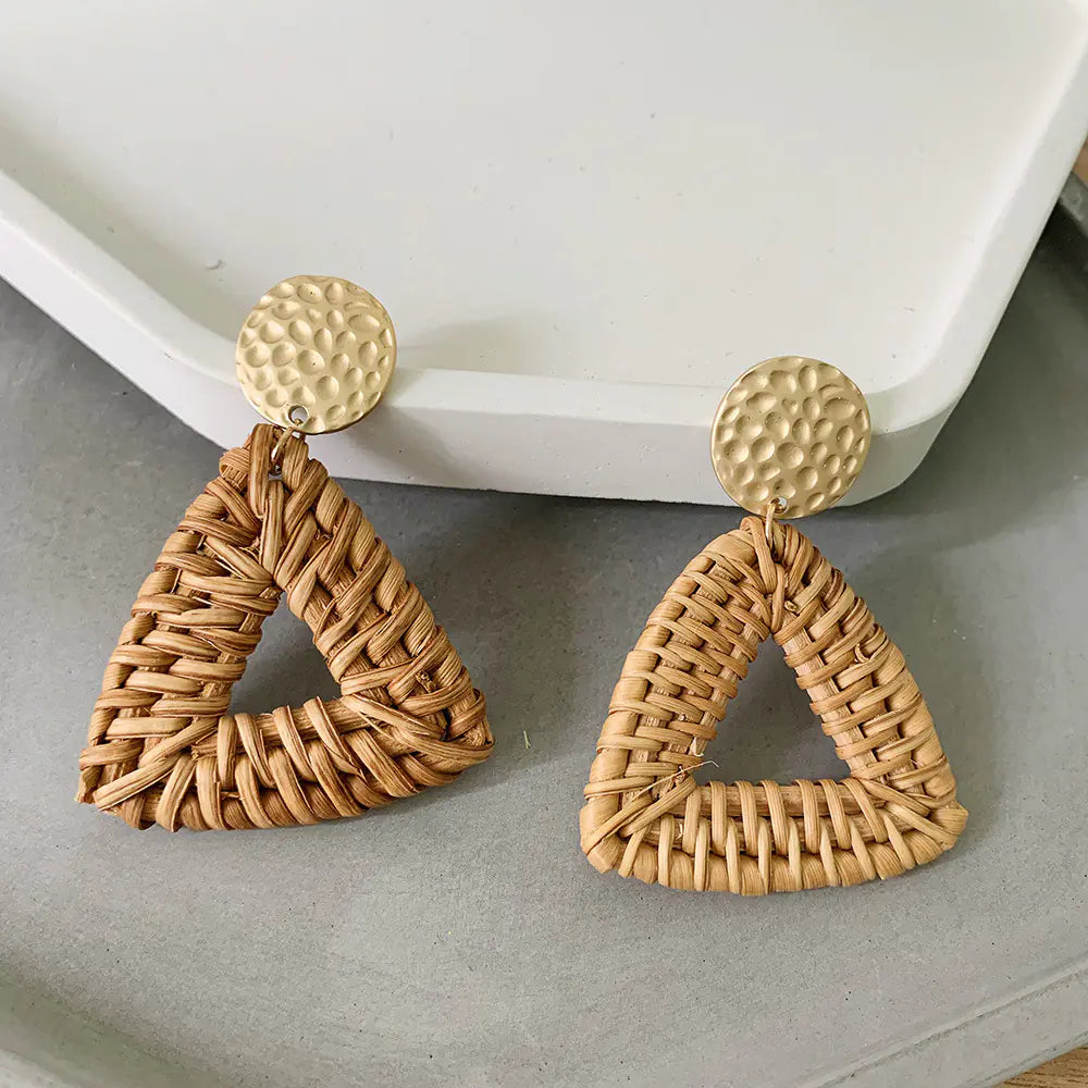 Bohemian Woven Rattan Geometric Earrings