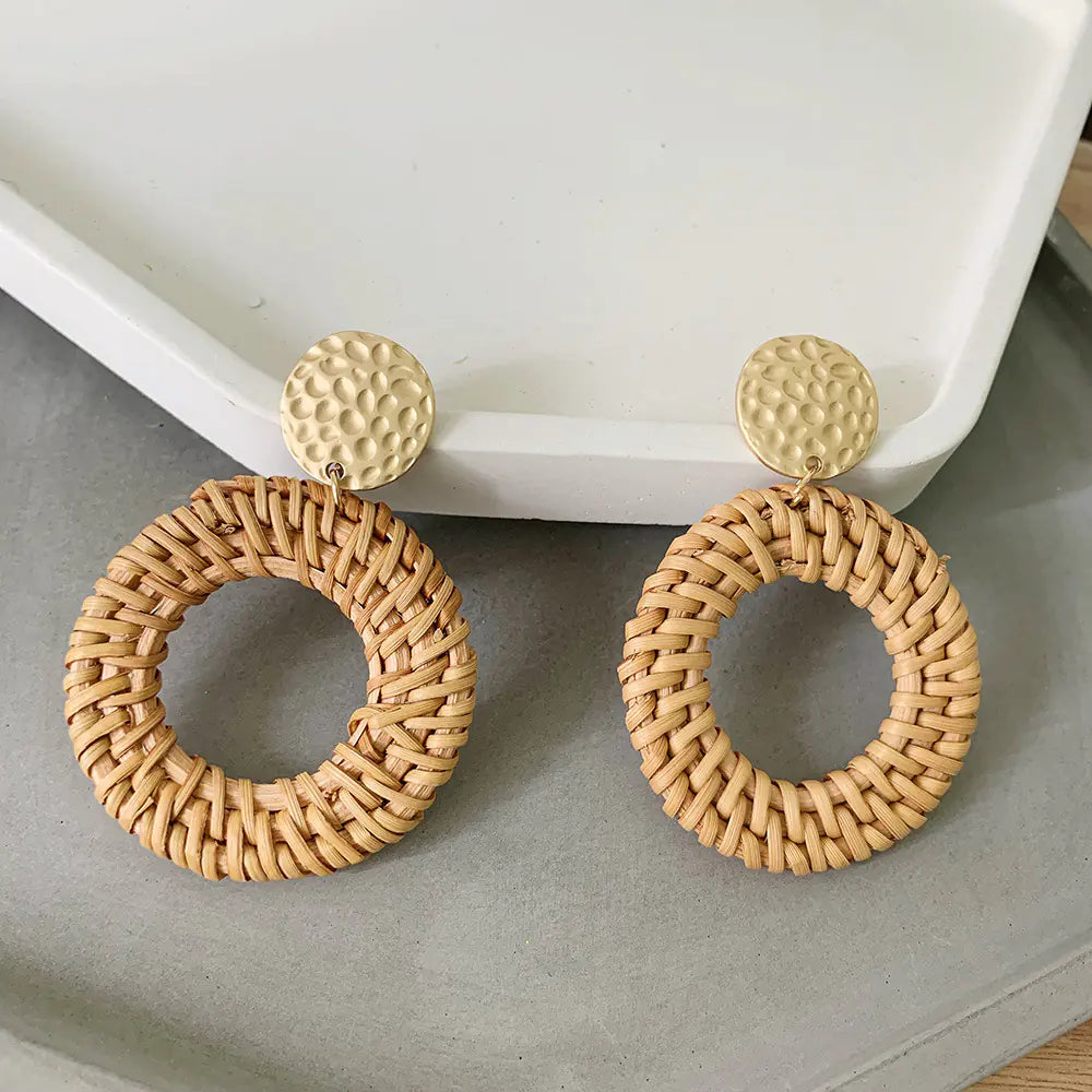 Bohemian Woven Rattan Geometric Earrings