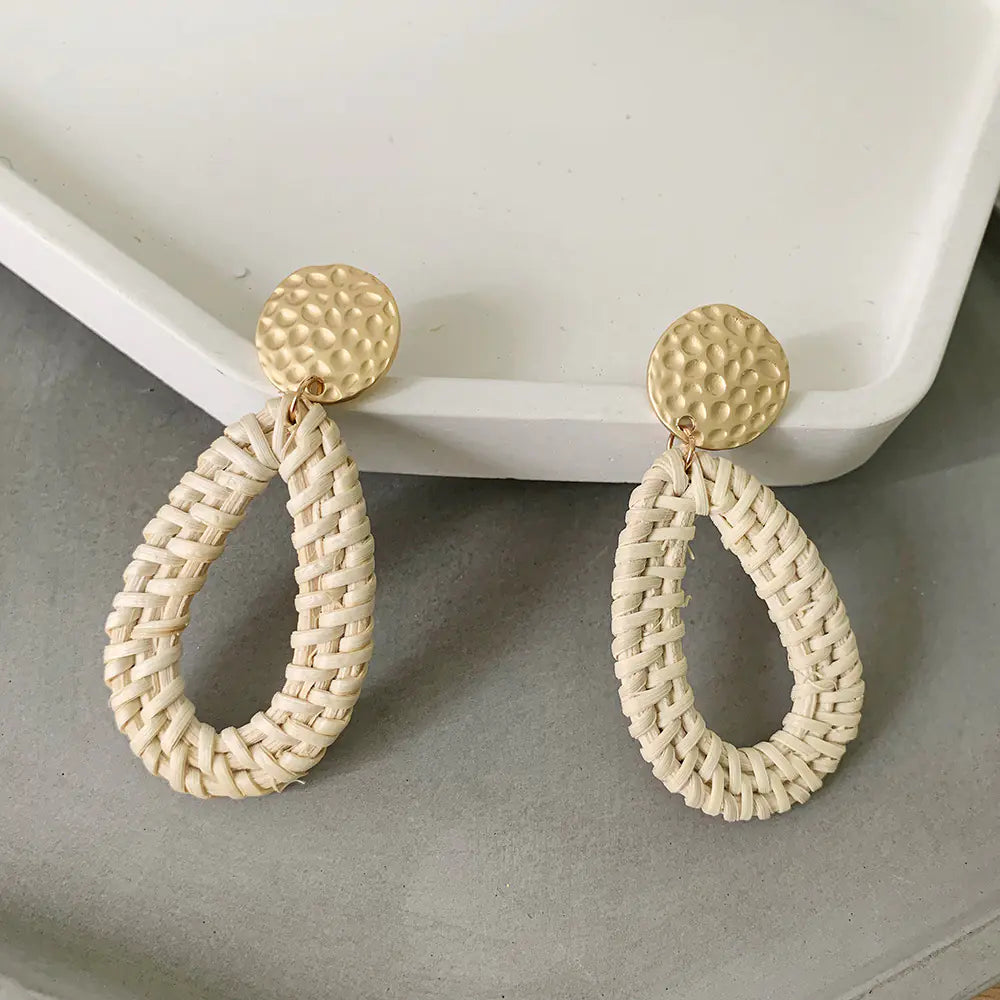 Bohemian Woven Rattan Geometric Earrings