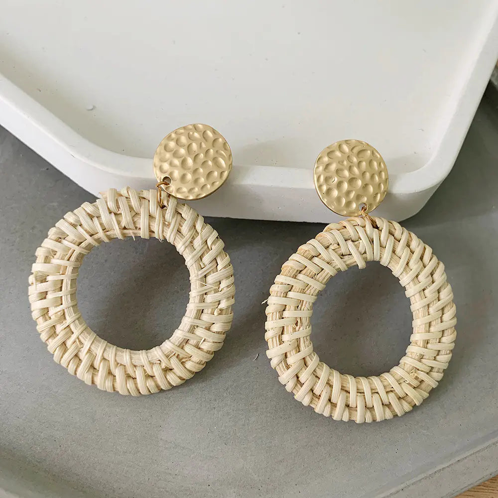 Bohemian Woven Rattan Geometric Earrings