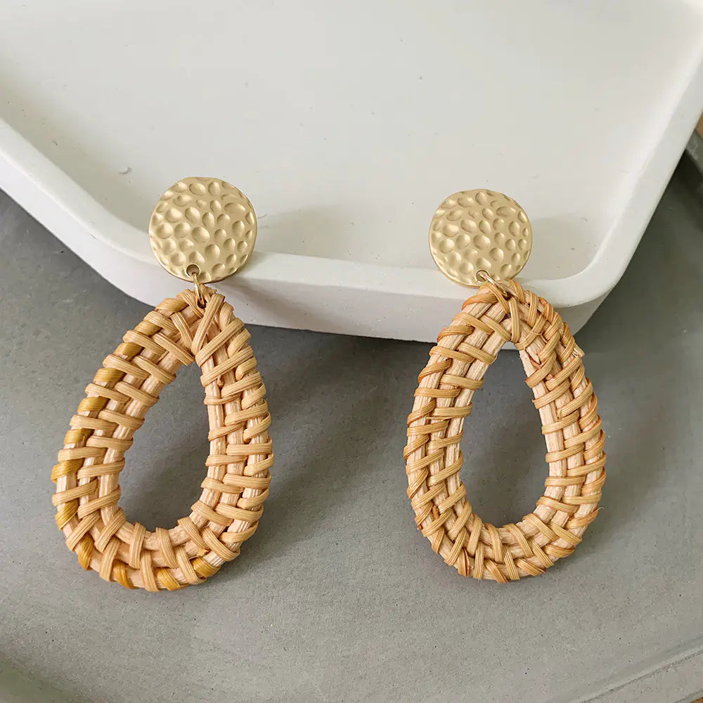 Bohemian Woven Rattan Geometric Earrings