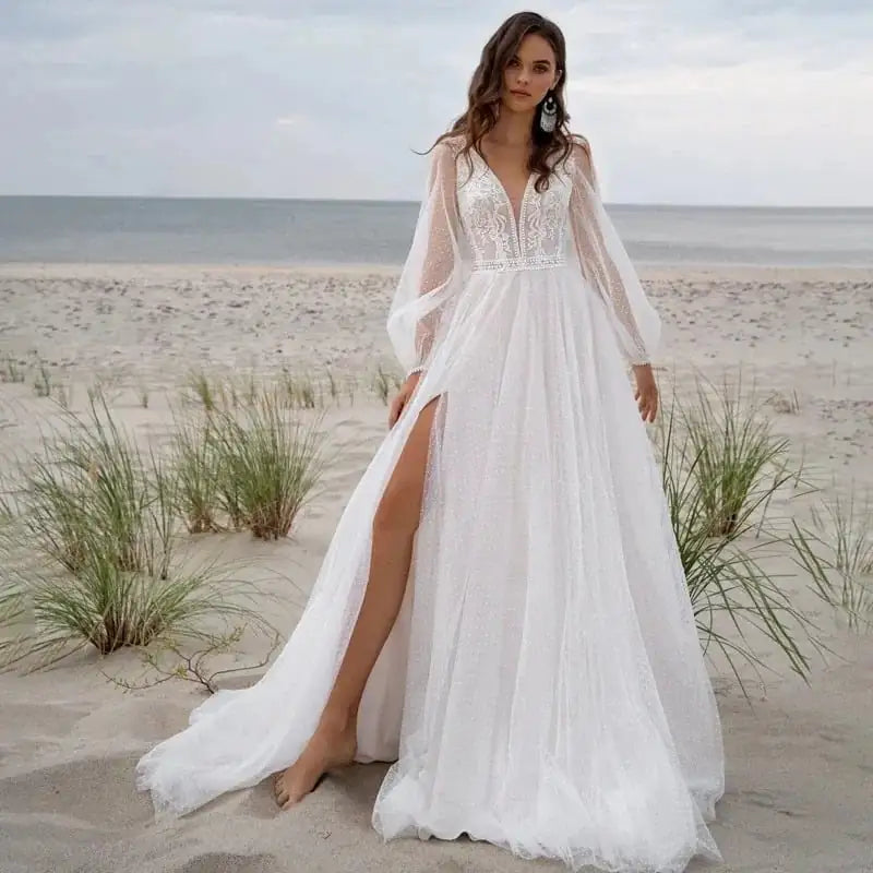 Boho V-Neck Tulle Wedding Dress