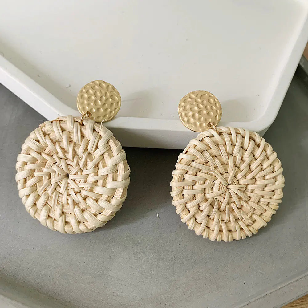 Bohemian Woven Rattan Geometric Earrings